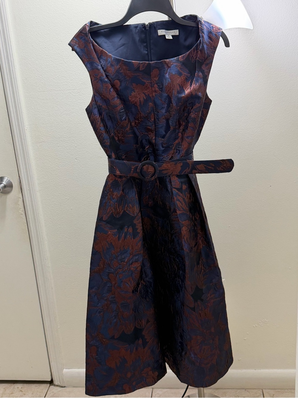 Kay Unger Navy and Rust Floral Jacquard Midi Dress with Belt